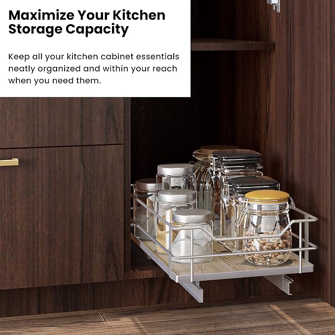 Home Zone Living Pull Out Kitchen Cabinet Organizer with Slide Out Drawer for Space Saving Storage, 11”W x 21”L, Satin Nickel Light Brown Wood Finish