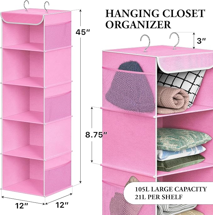 Simple Houseware 5 Shelf Hanging Closet Organizer, Pink