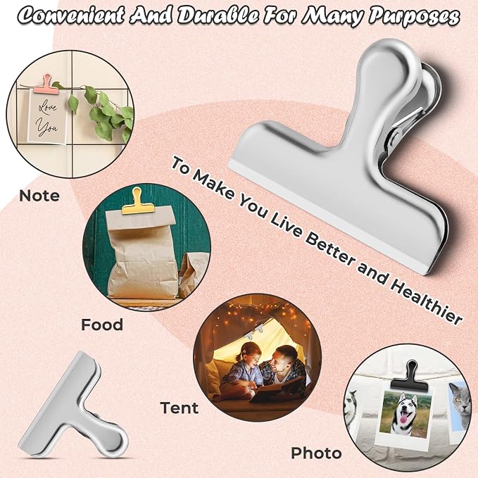 ANZNKU 6 Pack Chip Clips Bag Clips for Food Snack Kitchen Storage(Silver) | Heavy Duty, Stainless Steel, Air Tight Seal, Durable Metal Clamps for Refrigerator Home Office, Use for Bread Coffee Paper