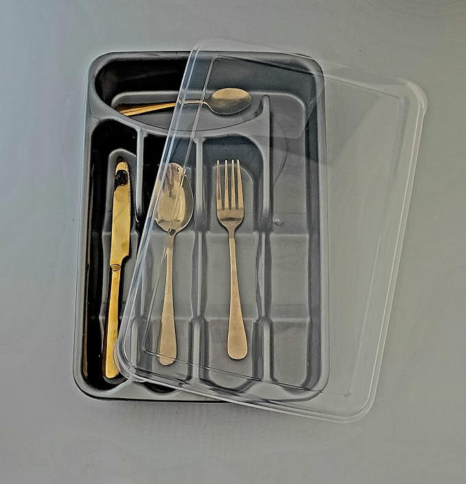 BLACK PEARL Utensil and Silverware Organizer tray for drawer with cover -Cutlery Flatware Organizer with lid - for kitchen drawer, BBQ, picnic, Covered flatware tray,5 Compartments - Plastic (SILVER)