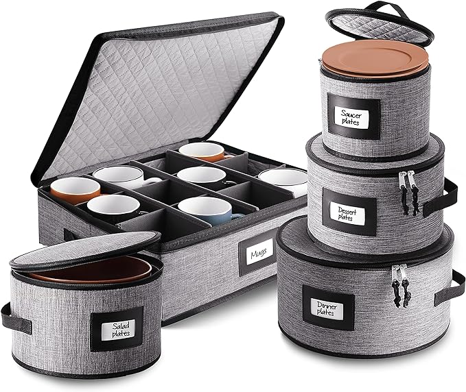 Fine China Hard Shell Dish Organizer - 5 Piece Stackable Mug and Plate Storage Containers with Dividers for Moving and Seasonal Storage, Grey