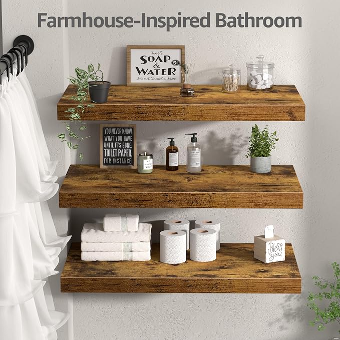 QEEIG 12" Deep Floating Shelves for Wall - 12 x 24 inch Book Shelf Bathroom Bedroom Kitchen Living Room Hanging Bookshelf Farmhouse Set of 3, Brown (026-60BN3)