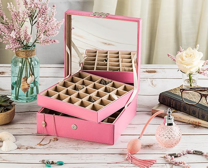Glenor Co Earring Organizer - Classic 50 Section Jewelry Box/Case/Holder for Earrings, Rings, Necklaces, Jewelry, Cufflinks or Collections -2 Layer Small Compartments with Large Mirror - Pink