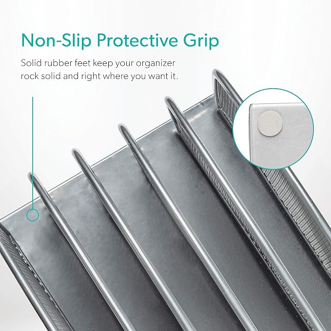 Mindspace Desk Organizer Inclined File Sorter, Office Desktop Document sorter with 5 upright sections | File Folder and Letter Organizer | The Mesh Collection, Silver