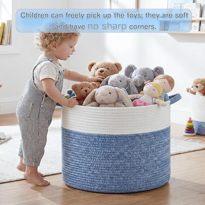 Artfeel 70L Large Cotton Rope Basket, Decorative Woven Blanket Storage for Living Room, Boho Toy Storage & Toy Box for Kids, Versatile Laundry Basket & Nursery Hamper for Blankets(DenimBlue)