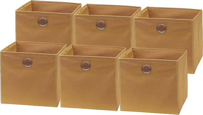 Simple Houseware Foldable Cube Storage Bins with Handles, 11-Inch, Tan, 6-Pack, Fabric Cubes Organizer for Closet or Shelves