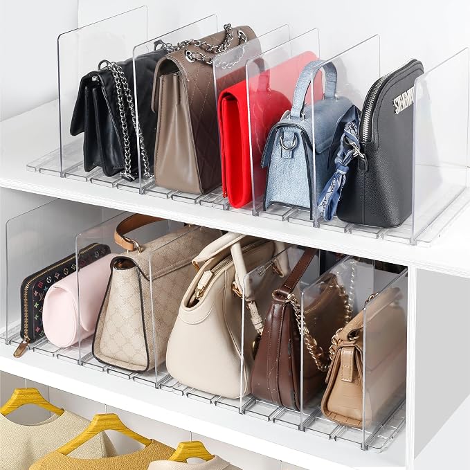 Plastic Purse Organizer Closet - Pack of 2 Handbag Organizer with Adjustable Dividers & Sturdy Base - Purse Storage Organizer for Closet, Space-Saving Handbag Storage Organizer for Shelves
