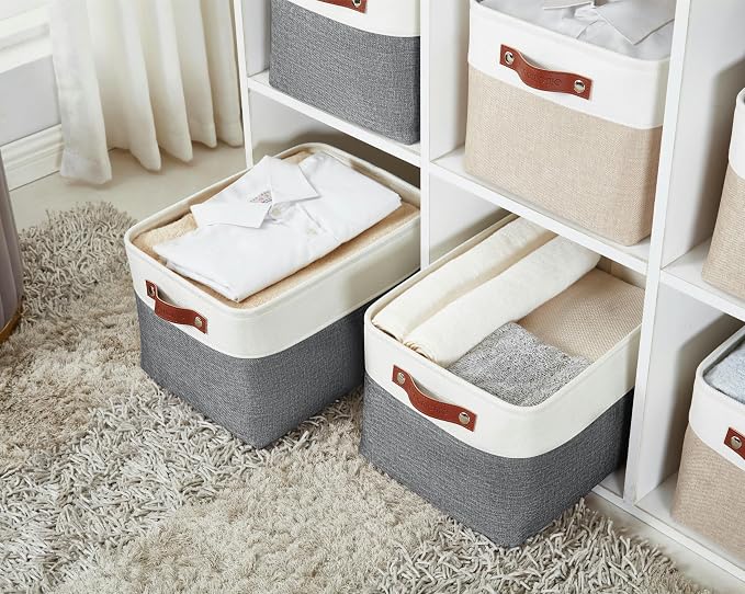 DECOMOMO Storage Bins, Large Fabric Storage Baskets for Shelves, Decorative Linen Closet Organizer, 15 x 11 x 9.5 inches (Slate Grey & White, 4 Pack)