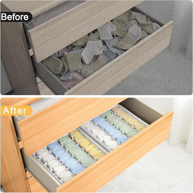 joyoldelf Sock Drawer Organizer Divider Underwear Organizer 24-cell Fabric Dresser Drawer Organizers Storage Boxes for Socks Lingerie, Handkerchiefs, Ties 4 Pack (White)