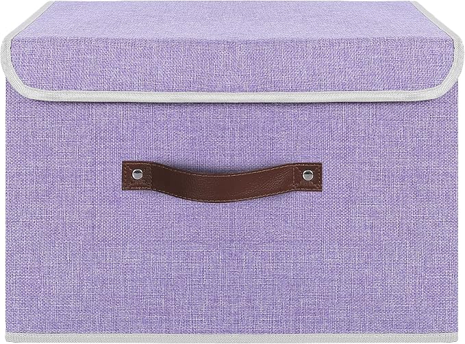 ANMINY 4PCS Storage Bins with Lid PU Leather Handles Storage Boxes PP Plastic Board Decorative Foldable Lidded Cotton Linen Fabric Home Cubes Baskets Closet Organizer Containers - Purple, Large Size