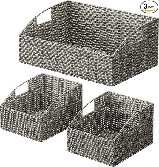 Rattan Storage Baskets, Handwoven Wicker Storage Bins with Built-in Handles, Storage Container Baskets for Shelves, Bedroom, Bathroom, Laundry Room or Kitchen(Grey)