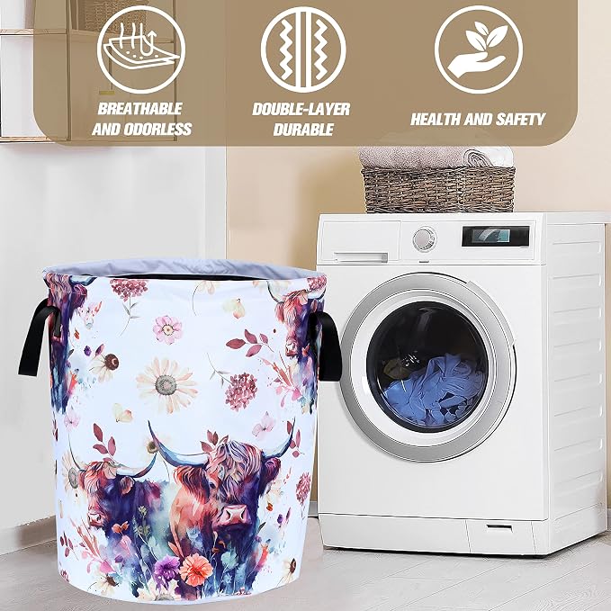 Highland Cow Laundry Basket Cow Animal Foldable Oxford Cloth Funny Tote Bag Laundry Hamper Clothes Storage Bucket Organizer For Bathroom/Laundry Storage/Bedroom 18.9x16.5 Inch