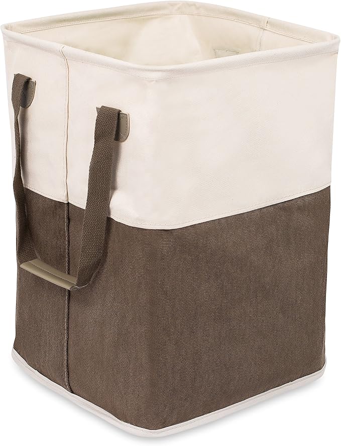 BIRDROCK HOME Square Cloth Laundry Hamper with Handles - Dirty Clothes Sorter - Easy Storage - Foldable - Brown and White Canvas