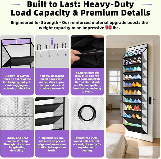 PAULONE 10-Pocket Multi-Use Over the Door Organizer, Heavy Duty 95lbs Capacity with Breathable Mesh, Versatile Hanging Storage for Shoes, Toys, Office Supplies-Classic (Piano Gloss Black, 10-Shelf,)