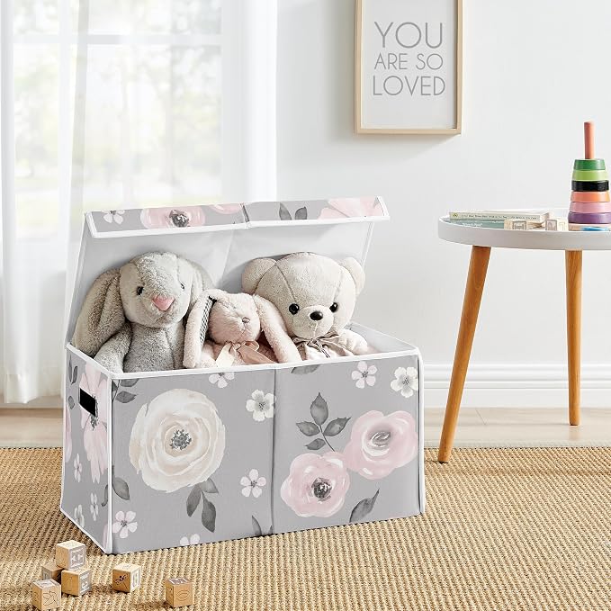 Sweet Jojo Designs Grey Watercolor Floral Girl Small Fabric Toy Bin Storage Box Chest For Baby Nursery or Kids Room - Blush Pink Gray and White Shabby Chic Rose Flower Farmhouse