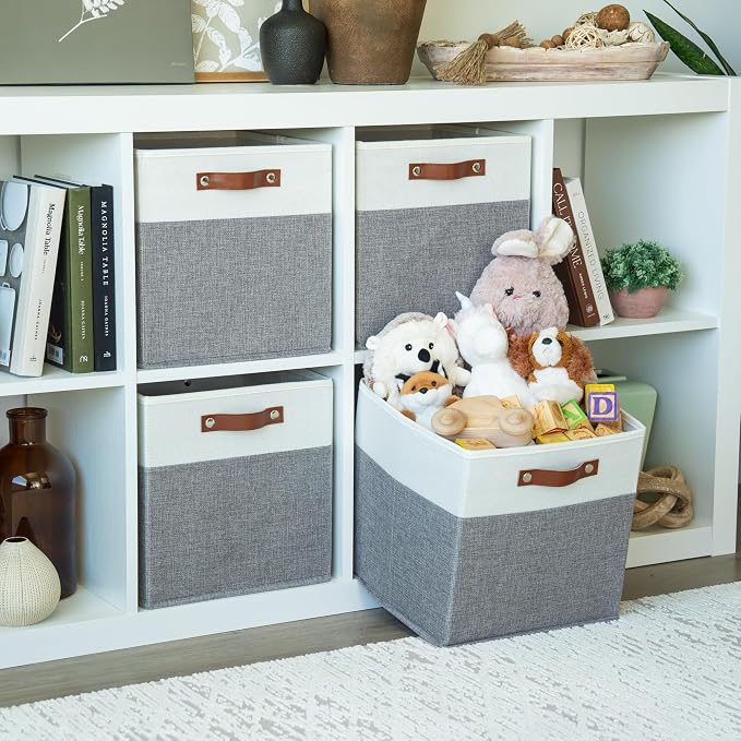 OrganiHaus 12x12 Cube Storage Bins, Set of 4 - Fabric Storage Cubes | Sturdy, holds its shape; odor-free; fits 12-inch cube shelves; vegan leather handles