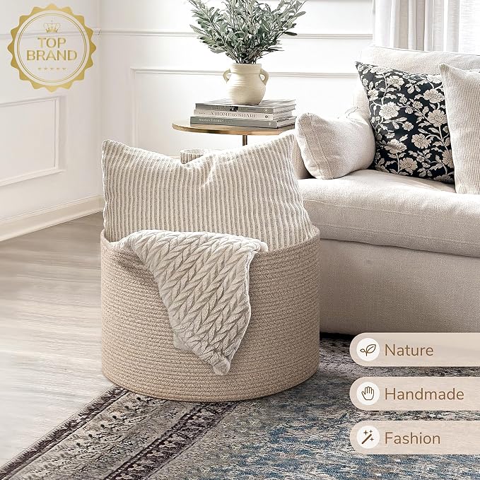 INDRESSME Large Blanket Basket Woven Cotton Rope Basket 65L with Handles, Toy Storage Basket for Living Room Bedroom Nursery, Laundry Hamper for Clothes Towels, Wicker Blanket Home Décor Brown