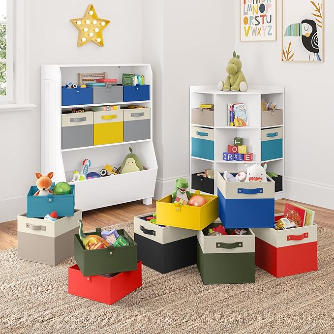 RiverRidge Kids storage bins - 10.5 Cube Storage Organizer with Handles – Olive Two-Tone closet organizers and storage for Toys, Shoes & More - Fits RiverRidge Cabinets