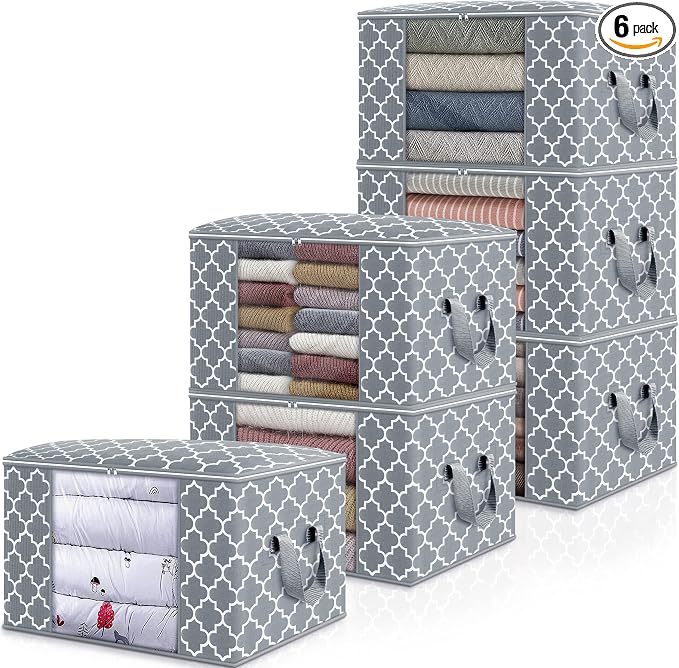 WISELIFE Storage Bags, Large Blanket Clothes Organization and Storage Containers for Bedding, Comforters, Foldable Organizer with Reinforced Handle, Clear Window,Sturdy Zippers,(Light Grey, 6 x 100L)
