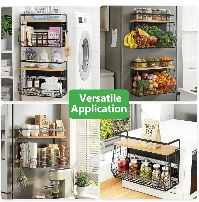 2 Pack Magnetic Spice Storage Rack Organizer for Refrigerator, Magnetic Shelf for Fridge with Wood Lid, Organizer for Kitchen & Laundry, Potato and Onion Storage Bins, Large Container, Strong Magnets