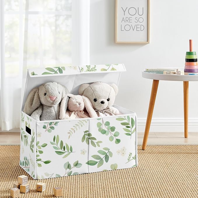 Sweet Jojo Designs Floral Leaf Girl Small Fabric Toy Bin Storage Box Chest for Baby Nursery or Kids Room - Green and White Boho Watercolor Botanical Woodland Tropical Garden