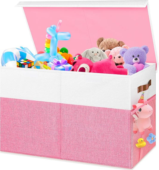 Mabahoo Large Toy Box, Collapsible Sturdy Storage Organize Chest Boxes With Lids, 25"x13"x16" Kids Toy Chest Bin Baskets for Living Room, Bedroom, Nursery, White & Pink