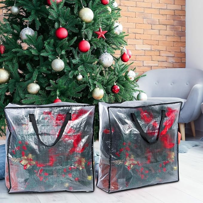 8 Pcs Clear Wreath Storage Bags 26 Inch Garland Container Door Garland Holiday Wreath Storage Holder with Handle and Zipper Heavy Duty Plastic Packing Totes(Black)