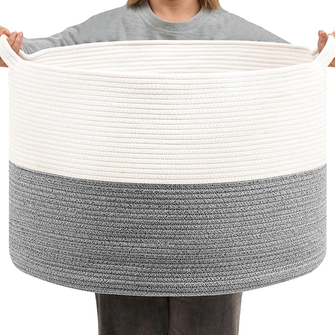 Foldable Laundry Hamper Basket with Collapsible Handle Cotton Rope Soft Woven Fabric Storage Organizer Clothes Toys Nursery Bedroom Dorm Space Saving Bin (White & Light Grey, 65L(19.7"D x 12.6"H))