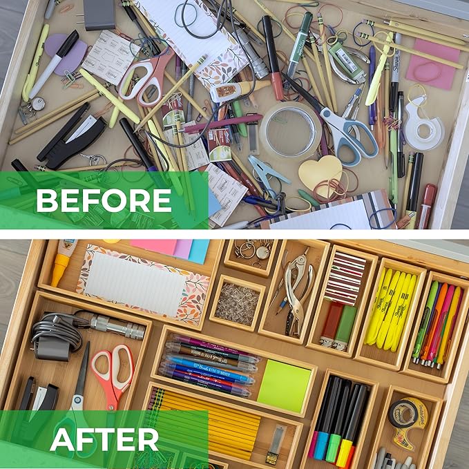Grow Forward Bamboo Drawer Organizer Boxes - Set of 21 Wooden Drawer Organizers for Kitchen, Bathroom, Office, Desk, Vanity, Makeup - Non-Slip Junk Drawer Organizer Trays for Storage and Organization