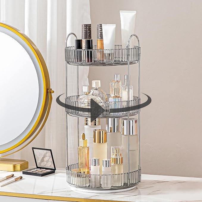 360 Rotating Makeup Organizer for Vanity, Bathroom Countertop Spinning Perfume Organizer, High-Capacity Cosmetic and Skincare Dresser Make Up Holder Rack (3 Tiers, Grey)