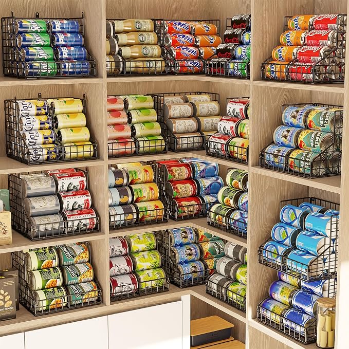 JKsmart 6 Pack Stackable Can Organizer for Pantry with Adjustable Dividers, Soda Can Organizer, Can Storage Dispenser Holds up to 84 Cans, Metal Wire Baskets Can Holder for Kitchen Cabinet Pantry