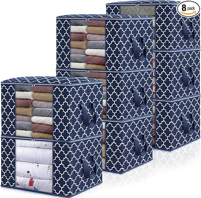 WISELIFE Storage Bags, Large Blanket Clothes Organization and Storage Containers for Bedding, Comforters, Foldable Organizer with Reinforced Handle, Clear Window,Sturdy Zippers,(Blue, 8 x 100L)