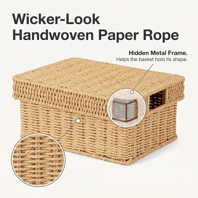 Wicker Storage Basket with Lid - Woven Basket for Storage,Rectangular Decorative Boxes Bins with Lids for Shelves,living room, Nursery, 2 baskets+1 lid(Natural)