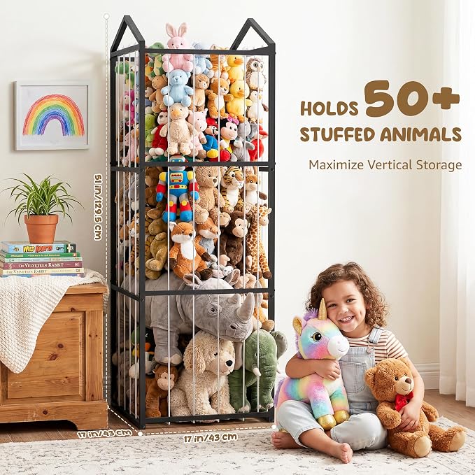 NomNest Stuffed Animal Storage Zoo, Large Metal Plushies Organizer, Heavy Duty Metal Teddy Bear Toy Holder for Kids' Bedroom & Playroom & Nursery (Non-Wheeled, Black)
