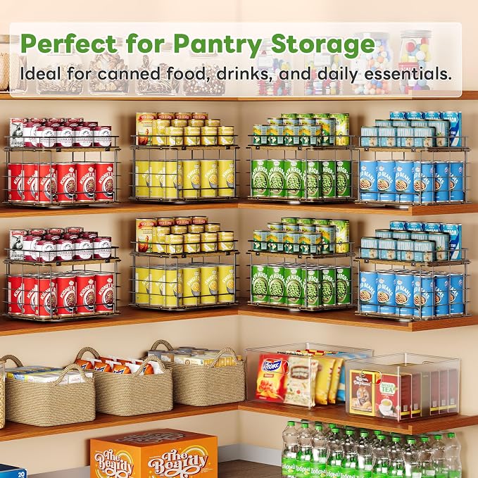 360° Rotating Can Rack Organizer for Pantry, 2-Tier Lazy Susan Can Organizer Holds Up to 26 Soda Cans, Metal Wire & Wood Shelf with Turntable Storage for Kitchen Cabinet, Pantry & Countertop