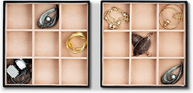 Glenor Co Jewelry Organizer Tray - Set of 2 - Stackable 18 Slots Jewelry Storage Trays - Display on Dresser or Drawer - Compatible with Other Trays - Black