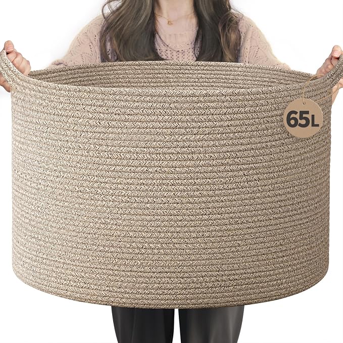INDRESSME Large Blanket Basket Woven Cotton Rope Basket 65L with Handles, Toy Storage Basket for Living Room Bedroom Nursery, Laundry Hamper for Clothes Towels, Wicker Blanket Home Décor Brown