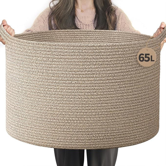 INDRESSME Large Blanket Basket Woven Cotton Rope Basket 65L with Handles, Toy Storage Basket for Living Room Bedroom Nursery, Laundry Hamper for Clothes Towels, Wicker Blanket Home Décor Brown