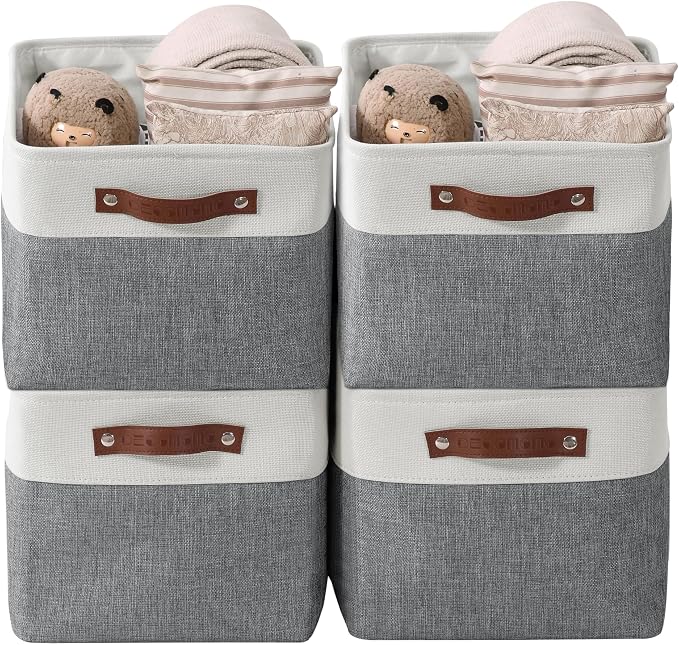 DECOMOMO Storage Bins, Large Fabric Storage Baskets for Shelves, Decorative Linen Closet Organizer, 15 x 11 x 9.5 inches (Slate Grey & White, 4 Pack)
