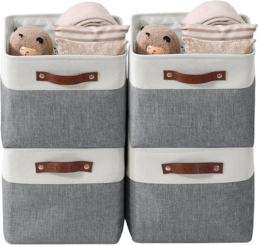 DECOMOMO Storage Bins, Large Fabric Storage Baskets for Shelves, Decorative Linen Closet Organizer, 15 x 11 x 9.5 inches (Slate Grey & White, 4 Pack)