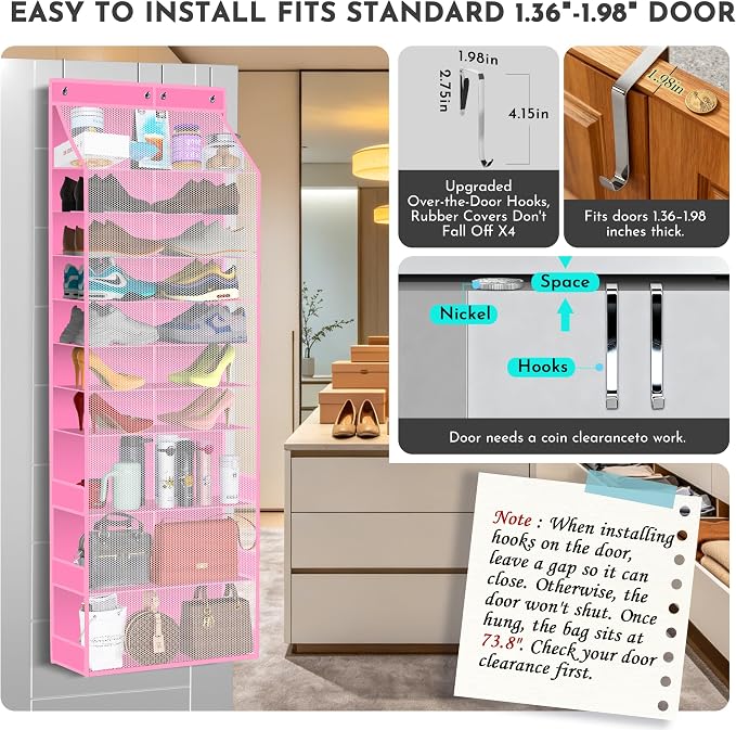 PAULONE Over the Door Organizer Heavy Duty – 96 Lbs Capacity 20 Pair Shoe Rack with Multi-Size Pockets Fits Tall Boots up to 11.8", Breathable Mesh, Metal Hooks – Also for Bags, Toys, Toiletries