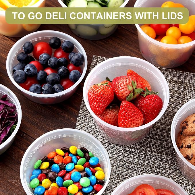 Ezalia Deli Containers with Lids 50 Sets - Pint Plastic Soup Containers 16oz 8oz Clear Food Storage Containers with Lids Leakproof, Reusable Take Out for Restaurant, Microwave/Freezer/Dishwasher Safe