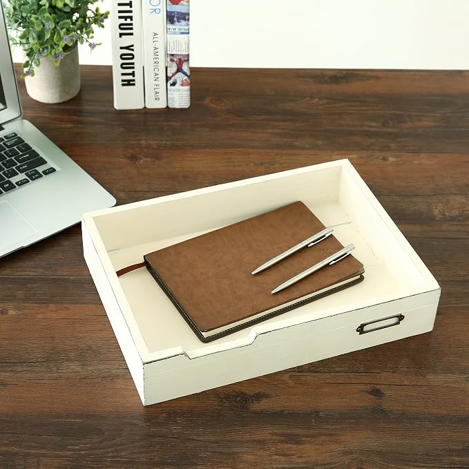 MyGift Rustic Wood Desktop Drawer-Style Stackable Document Letter Tray Organizer Storage Box with Handles for Home Office Supplies (Vintage White)