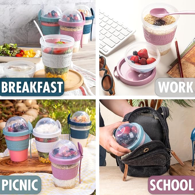 Hakan Overnight Oats Containers with Lid & Spoons, 4 Pack - 20 oz, Reusable Yogurt Parfait Cups with Topping Dome - BPA-Free Plastic Cereal & Fruit Cups to Go - Large Breakfast Jars for Work & School