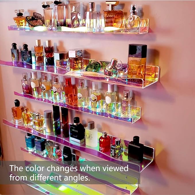 YMVV Large Iridescent Clear Acrylic Wall Mounted Floating Shelf, Perfume Organizer Shelf,Modern 15.7 IN Thickened Bathroom Storage Toy Display Organizer Decor 4 Pack
