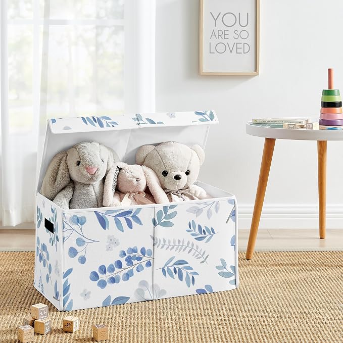 Sweet Jojo Designs Floral Leaf Boy or Girl Small Fabric Toy Bin Storage Box Chest For Baby Nursery or Kids Room - Blue Grey and White Boho Watercolor Botanical Flower Woodland Tropical Garden