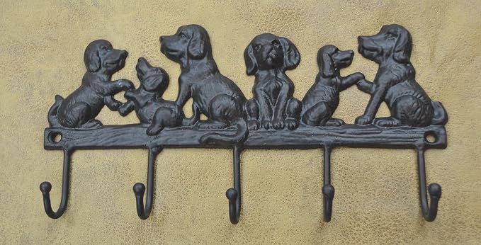 Lulu Decor Cast Iron 5 Dog Key Hooks, Ideal for Dog Lovers Heavy Duty Hooks, Decorative Hooks - Wall Mount Leash Holder for Wall Storage - Stylish Key Holder (Antique Black)