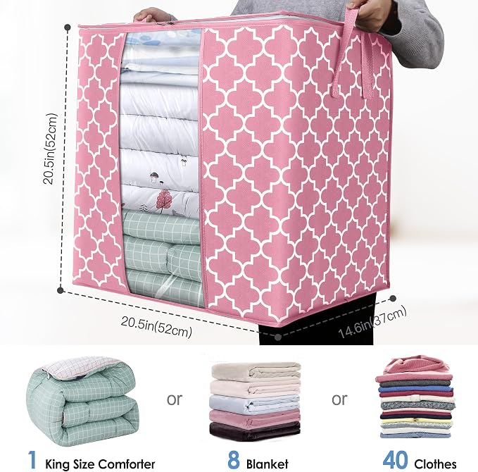 WISELIFE Storage Bags 3 Pack/100L Large Blanket Clothes Organization and Storage Containers for Comforters,Bedding, Foldable Organizer with Reinforced Handle, Clear Window, Sturdy Zippers,Pink