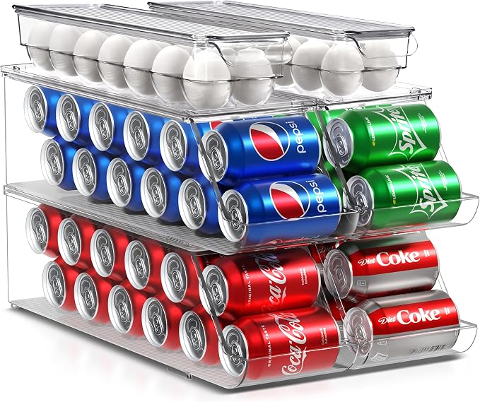 Sorbus Soda Can Organizer for Refrigerator & Egg Holder for Fridge Set, 4 Stackable Can Holder Dispenser Holds 12 Cans Each & 2 Egg Holders with Lid holds 14 eggs for Fridge, Pantry, Freezer, BPA-Free
