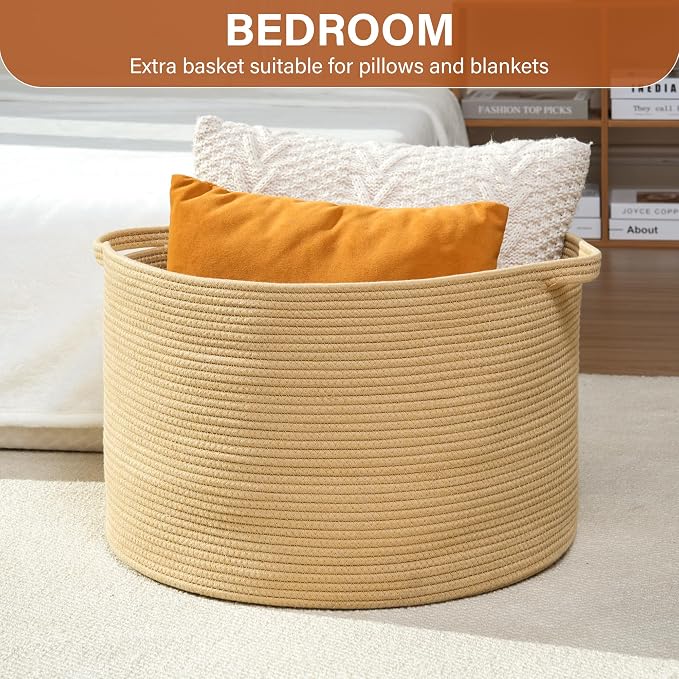 Foldable Laundry Hamper Basket with Collapsible Handle Cotton Rope Soft Woven Fabric Storage Organizer Clothes Toys Nursery Bedroom Dorm Space Saving Bin (Camel, 115L(23.6"D x 15.7"H))